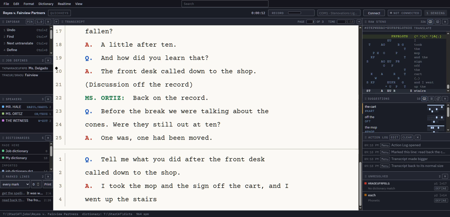 The StarCAT writing window: a transcript in the center, raw steno on the right, speakers and dictionaries on the left.